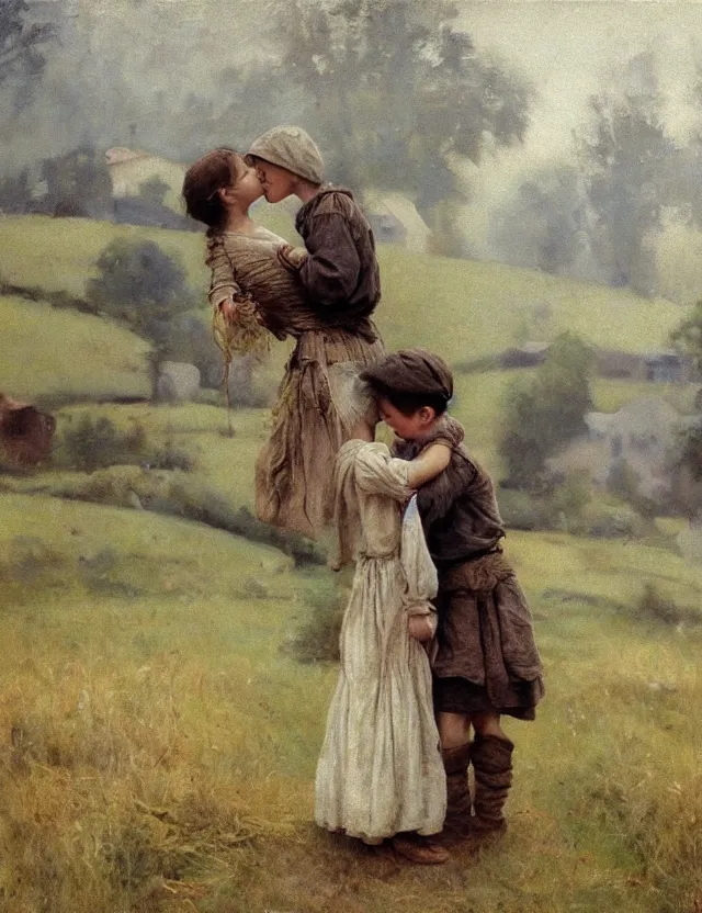 Image similar to peasant boy and girl first kiss, on a village, Cinematic focus, Polaroid photo, vintage, neutral colors, soft lights, foggy, by Steve Hanks, by Serov Valentin, by lisa yuskavage, by Andrei Tarkovsky 8k render, detailed, oil on canvas