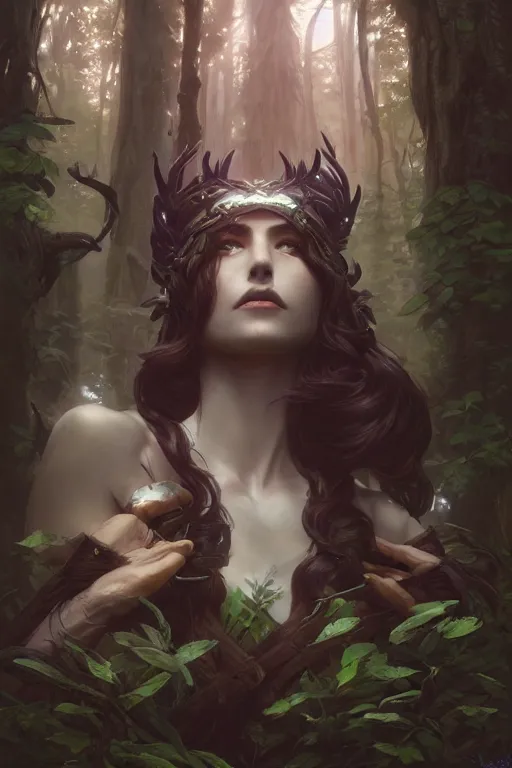 Prompt: goddess of the dark forest, highly detailed, digital painting, artstation, concept art, smooth, sharp focus, illustration, unreal engine 5, 8 k, art by artgerm and greg rutkowski and edgar maxence