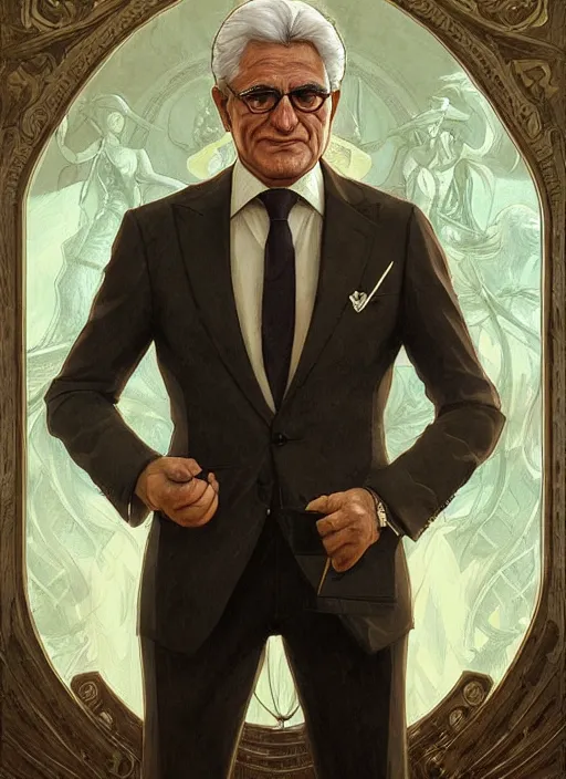 Image similar to sergio mattarella, b, wearing a suit, tarot card, deep focus, d & d, fantasy, intricate, elegant, highly detailed, digital painting, artstation, concept art, matte, sharp focus, italian flag, illustration, hearthstone, art by artgerm and greg rutkowski and alphonse mucha