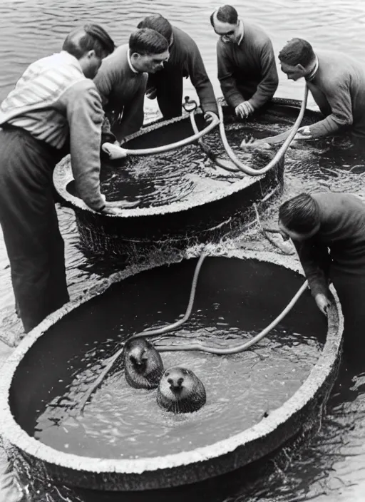 Prompt: otters preparing a bathysphere for use