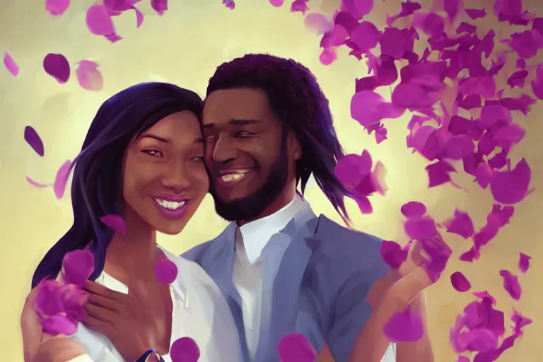 Image similar to portrait of a happy black couple posing together, holding hands surrounded by falling flower petals, digital painting by artgerm and face by wlop