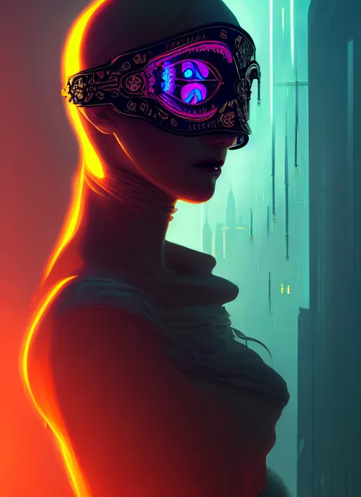 Image similar to centered portrait of a beautiful masked woman wearing a venetian mask, intricate concept art, ethereal, highly detailed, artstation, smooth, cyberpunk darksynth, cinematic, mist, dramatic neon lighting, illuminated lines, outrun, vaporware, by ruan jia and ilya kuvshinov and liam wong and alphonse mucha