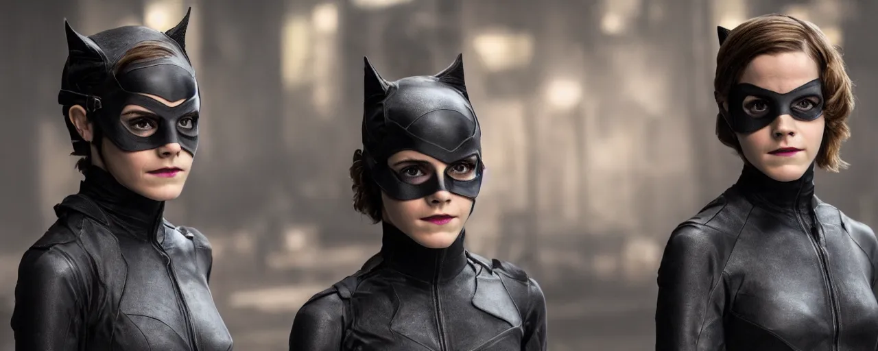Image similar to Emma Watson as catwoman, movie scene, 8k wallpaper, XF IQ4, 50mm, F1.4, studio lighting, professional, 8K, Look at all that detail!, Dolby Vision, UHD