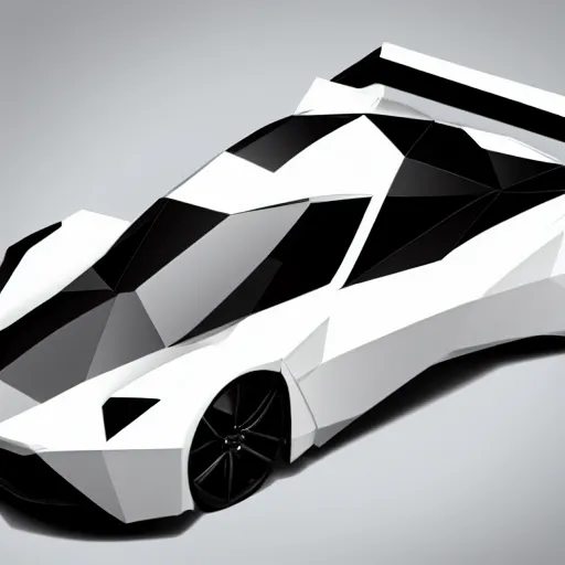 Image similar to a low poly object of a single sport car positioned in the center of the image on the white background