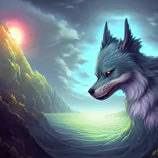 Prompt: a matte painting of a fenrir designed by heironymous bosch inspired by heironymous bosch, vast surreal by asher durand and cyril rolando and natalie shau and cyril rolando, insanely detailed, highly intricate, elegant, meaningful