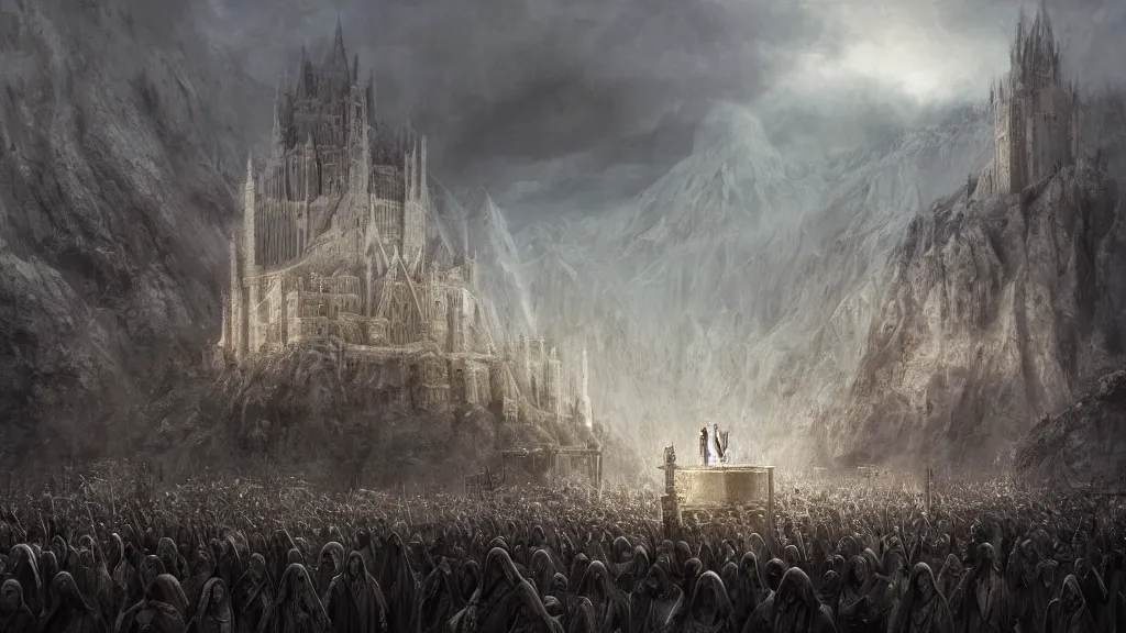 Image similar to funeral of aragorn, king elessar dead upon a pedestal in the middle of the white city in gondor, by alan lee, michal karcz, smooth details, lord of the rings, game of thrones, smooth, detailed terrain, oil painting, trending artstation, concept art, fantasy matte painting