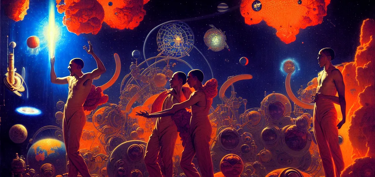 Image similar to obama in space, hard lighting, full body, futuristic, neon, luxurious, industrial party, dark blue and orange colors, crowded, smoke, lasers painting by gaston bussiere, craig mullins, j. c. leyendecker, lights, art by ernst haeckel, john william godward, hammershøi