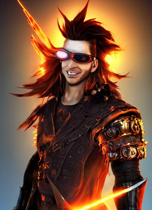 Image similar to An epic fantasy comic book style portrait painting of young man with red spiked long hair, using an orange lens googles. Wearing white shirt, a black waistcoat, brown pants and black boots. He is with a vicious smile in face. Unreal 5, DAZ, hyperrealistic, octane render, cosplay, RPG portrait, dynamic lighting