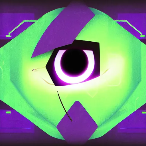 Image similar to illustration of a cyberpunk eye in a purple rhombus on a black background.