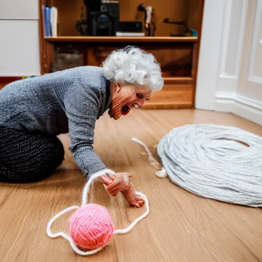 Image similar to elderly woman screaming at a ball of yarn, canon eos r 3, f / 1. 4, iso 2 0 0, 1 / 1 6 0 s, 8 k, raw, unedited, symmetrical balance, wide angle