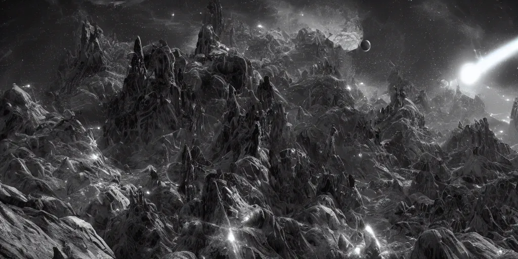 Image similar to a lost planet returning to life, shudders awake, spires shooting off in all directions,