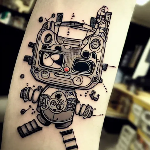 Image similar to Anime manga robot!! cat tattoo, cyborg cat, exposed wires and gears, fully robotic!! cat, manga!! in the style of Junji Ito and Naoko Takeuchi, cute chibi cat, tattoo on upper arm, arm tattoo