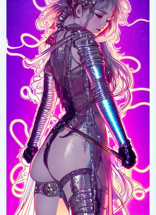 Image similar to highly detailed terada katsuya artgerm artstation shinny fluorescent gradient reflection minaba hideo manga poster of princess mechine, long hair, armor, dress, laces, ruffles, 8 k, maximalist, jump comics, tomer hanuka, alphonse mucha