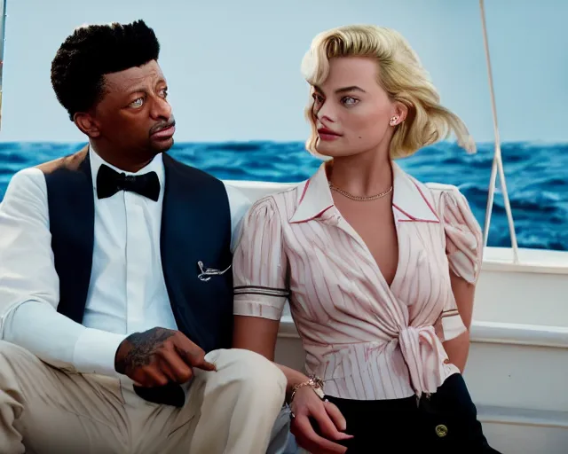 Image similar to handsome 2 1 savage as the wolf of wall street next to margot robbie as naomi from the wolf of wall street on a fishing boat, hyper realistic faces, beautiful eyes, cinematic, long shot, hyper detailed, 8 5 mm photograph, 8 k resolution, film still, sharp lens, wide lens