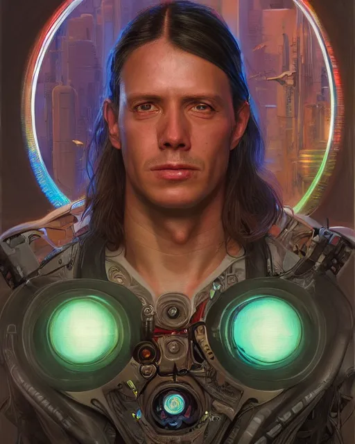 Image similar to a futuristic male hippie wearing tie - dye and cybernetic - implants | cyberpunk art | highly detailed | very intricate | symmetrical | cinematic lighting | award - winning | closeup portrait | painted by donato giancola and mandy jurgens and rossdraws and rhads | featured on artstation