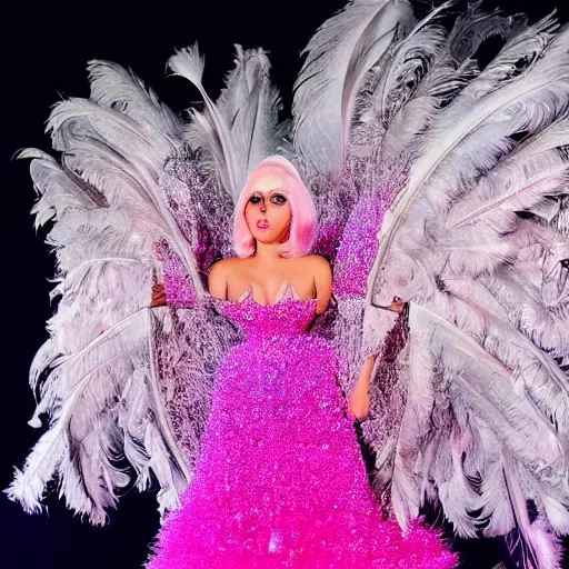 Image similar to Lady gaga in a pink dress standing in front of a crowd, a hologram by Alexander McQueen, trending on pexels, kitsch movement, made of feathers, ethereal, made of crystals