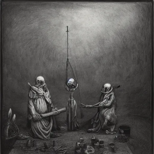 Image similar to collodion photography, plague doctors in the mist with weird rube goldberg machines, minimalist, joel peter witkin, heironymus bosch, gustave dore, beksinski, giger'