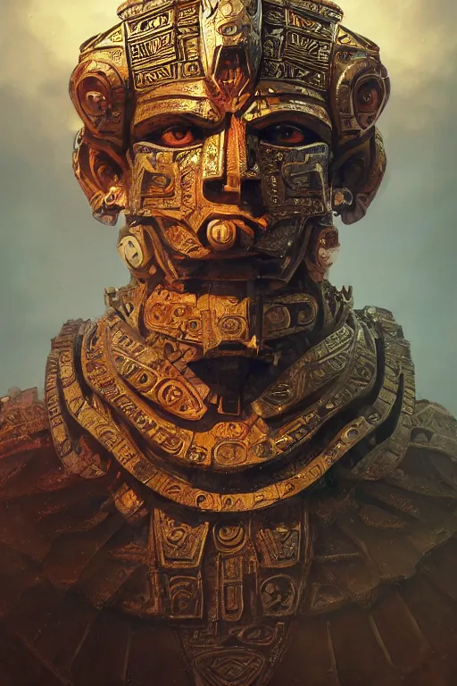 Image similar to aztec god, close - up portrait, powerfull, intricate, elegant, volumetric lighting, scenery, digital painting, highly detailed, artstation, sharp focus, illustration, concept art, ruan jia, steve mccurry