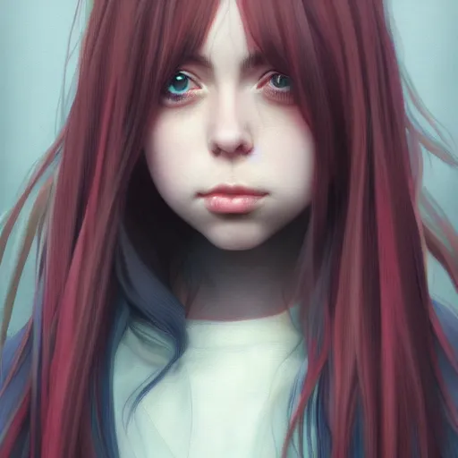 Image similar to Hyperrealistic anime portrait of Billie Eilish, by Stanley Artgerm Lau, WLOP, Rossdraws, James Jean, Andrei Riabovitchev, Marc Simonetti, and Sakimichan, tranding on artstation