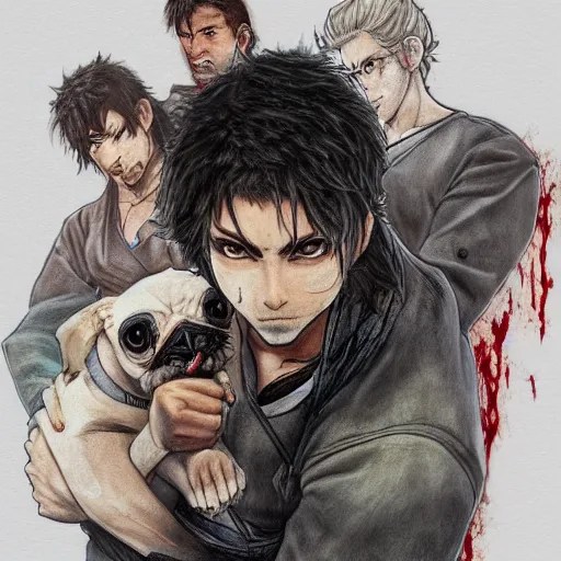 Image similar to self portrait, young white hispanic handsome man with short light brown hair and light skin and a 5 o clock shadow and holding a pug while fighting against 2 swordsmen pencil art, blood, added detail, high definiton, colored, backfacing, illustrated by yoji shinkawa