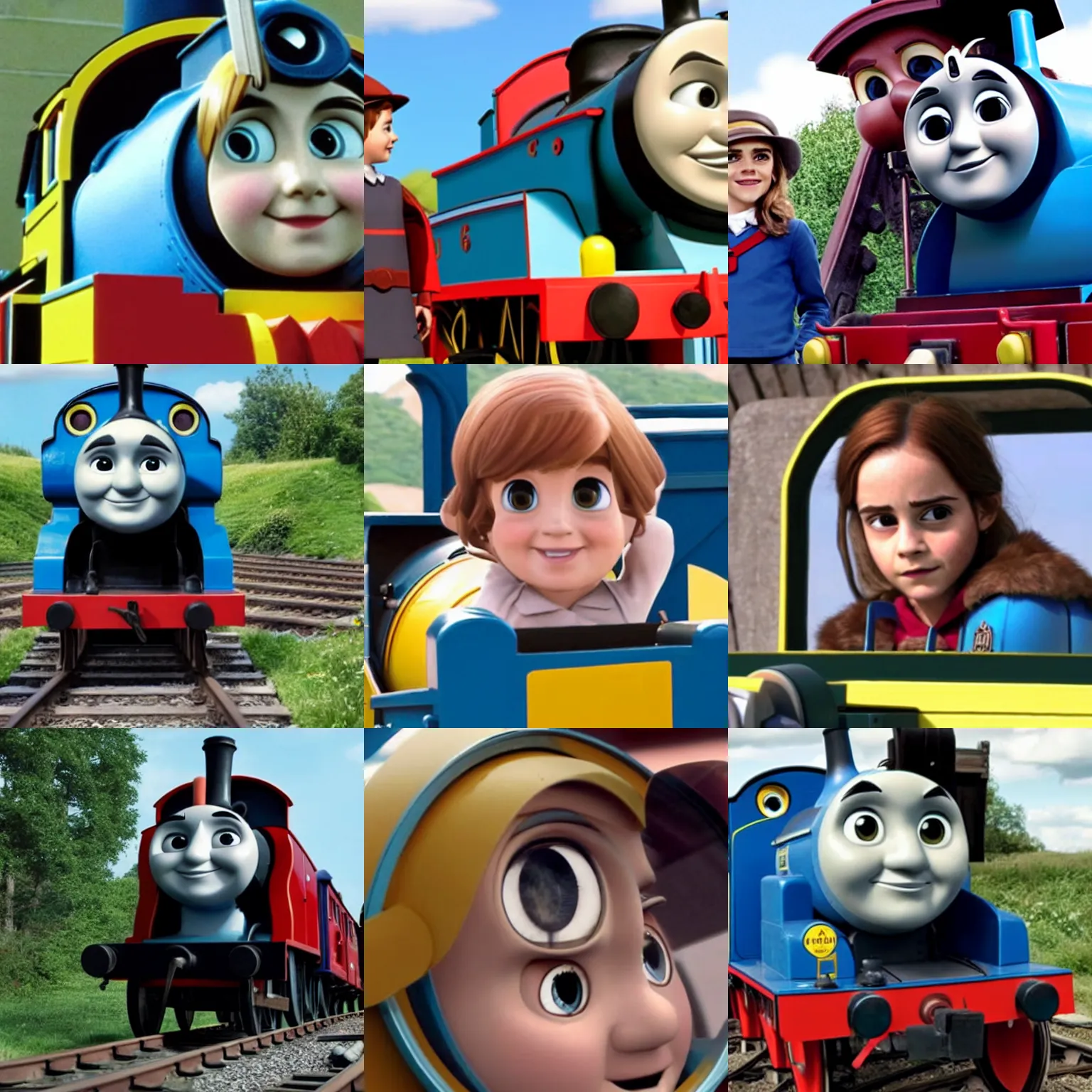 Prompt: Movie still of Emma Watson in Thomas the tank engine