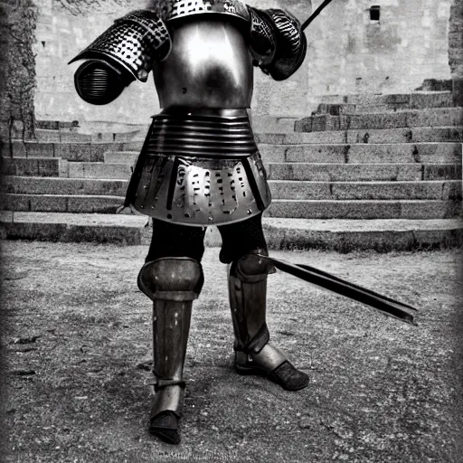 Image similar to one - armed medieval armored knight with a bucket on his head instead of a helmet, highly detailed photography