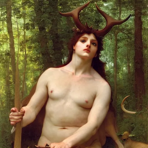 Prompt: photorealistic portrait of horned god Pan in the forest by Bouguereau