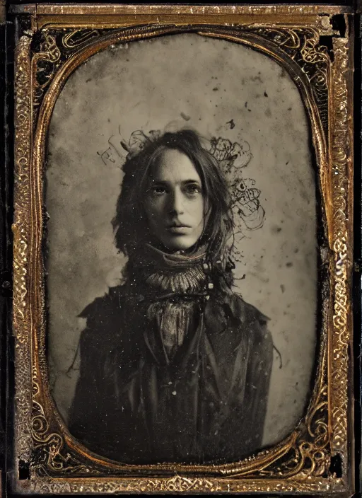 Image similar to old wetplate daguerreotype portrait of the necromancer, explosion of data fragments, fractal, intricate, elegant, highly detailed, parallax, leica, medium format, subsurface scattering, by jheronimus bosch and greg rutkowski and louis jacques mande daguerre