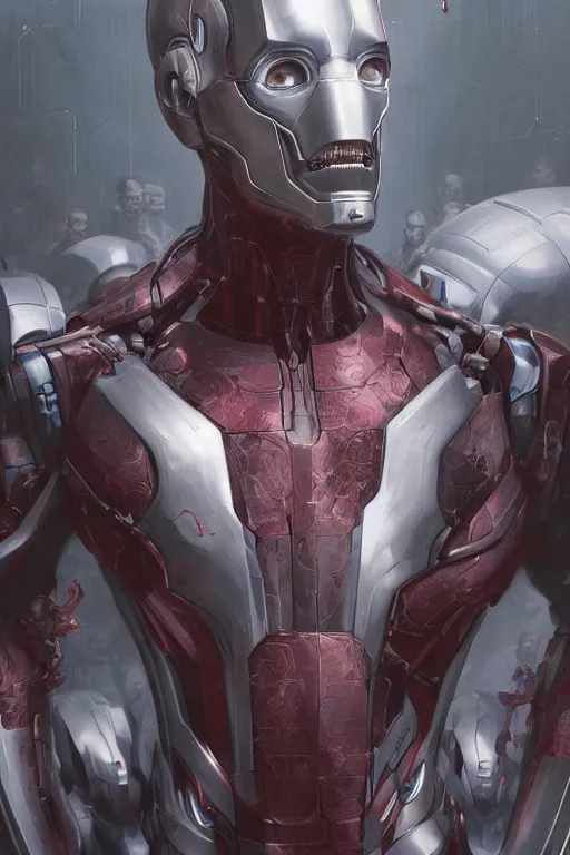 Image similar to Portrait of Mark Zuckerberg as Ultron, marvel comics, dark, intricate, highly detailed, smooth, artstation, digital illustration by Ruan Jia and Mandy Jurgens and Artgerm and Wayne Barlowe and Greg Rutkowski and Zdislav Beksinski