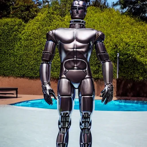 Image similar to a realistic detailed photo of a guy who is an attractive humanoid who is half robot and half humanoid, who is a male android, wrestler zack ryder, shiny skin, posing like a statue, blank stare, by the pool, on display, showing off his muscles, humanoid robot, frozen ice statue