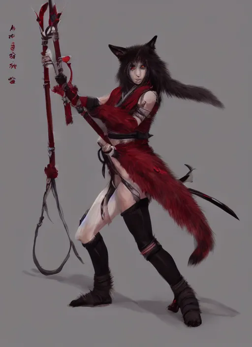 Image similar to A concept art of a humanoid wolf female ninja, red and white fur, holding a kusarigama. In style of Hyung-tae Kim, Greg Rutkowski and Larry Elmore, concept art, trending on ArtStation, Korean MMORPG, over-detailed art, 8K, epic, dynamic lightning, dynamic pose, half body portrait.