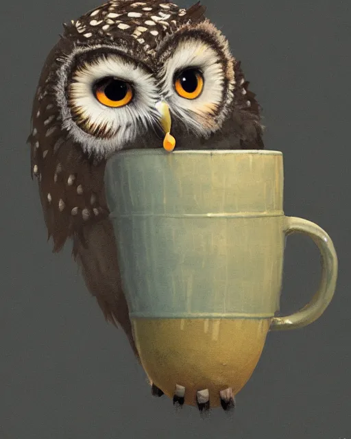 Image similar to long shot of a very cute owl chick nesting in a mug, esao andrews, humorous illustration, hyperrealistic, big depth of field, warm colors, night scenery, low light, 3 d octane render, 4 k, concept art, hyperdetailed, hyperrealistic, trending on artstation