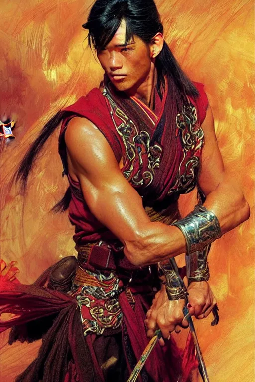 Image similar to wuxia, attractive male, character design, colorful, painting by gaston bussiere, craig mullins, j. c. leyendecker, tom of finland