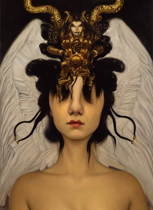Prompt: highly detailed oil painting | very intricate | cinematic lighting | black, white and gold color scheme, dark background | asian demon | by roberto ferri, by gustav moreau, by singer sargent and klimt, american romanticism, occult art | by austin osman spare, artstation, cgsociety, official art, octane
