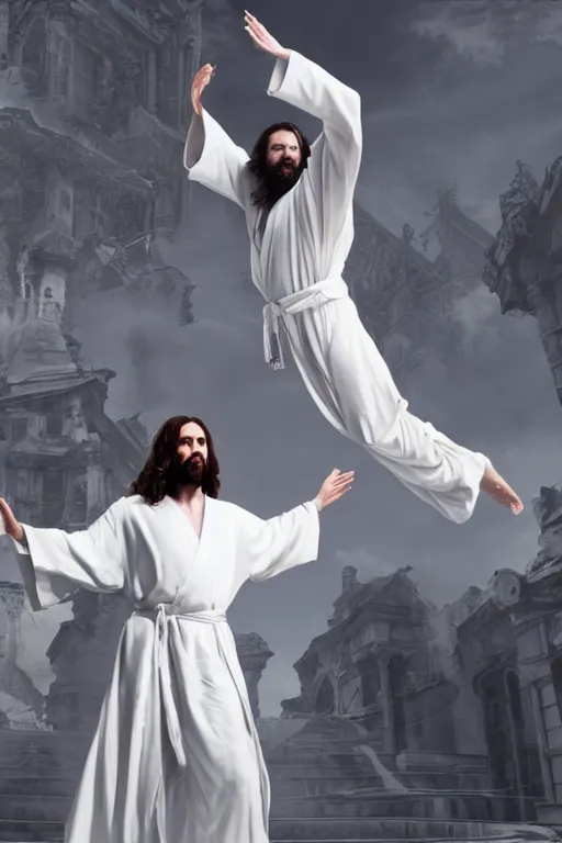 Image similar to jesus christ wearing a white robe strikes a dance pose in the apocalypse, intricate, hyper detailed, accent lighting, dramatic light, 4 k octane render