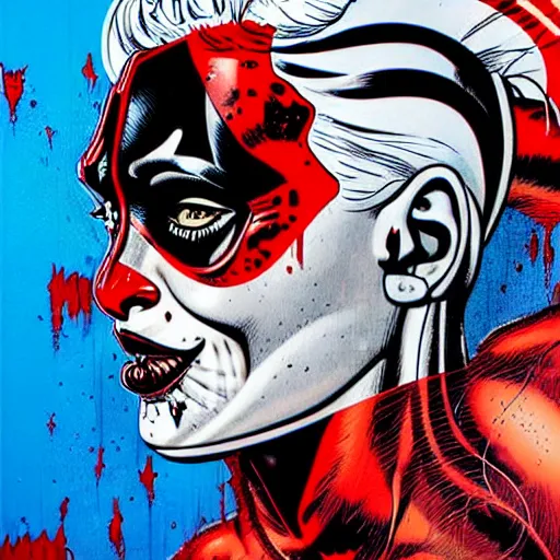 Image similar to a profile photo of a devil with a diving oxygen mask with side profile blood in ocean intricate details by MARVEL comics and Sandra Chevrier-C