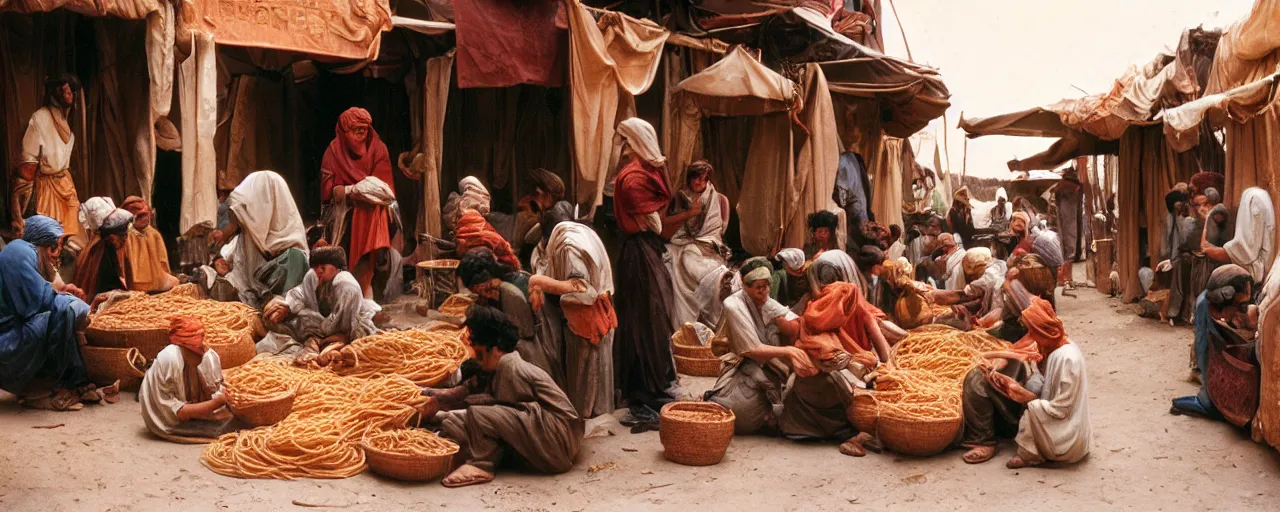 Image similar to ancient babylonians trading spaghetti with merchants, canon 5 0 mm, wes anderson film, kodachrome