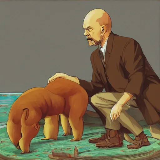 Image similar to an epic painting of vladimir lenin petting capybara, oil on canvas, anime style, ghibli studio, animation film, perfect composition, golden ratio, beautiful detailed, photorealistic, digital painting, concept art, smooth, sharp focus, illustration