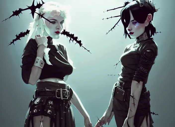 Image similar to two cute goth maiden girls with crown of thorns and white short hairs, dressed in leather belts, warhammer, cyberpunk, by atey ghailan, by greg rutkowski, by greg tocchini, by james gilleard, by joe gb fenton, by kaethe butcher, dynamic lighting, gradient light blue, brown, blonde cream and white color in scheme, grunge aesthetic