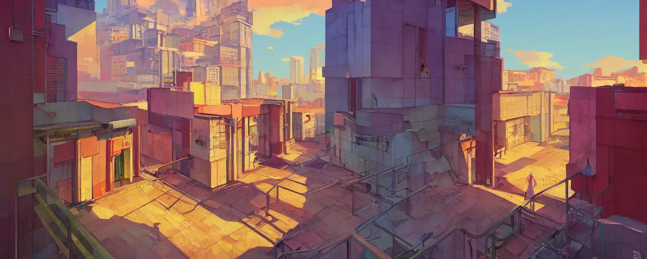 Image similar to An oilpainting of neo brutralism, concrete housing, a long stairway up, concept art, colorful, vivid colors, sunrise, warm colors, light, strong shadows, reflections, cinematic, 3D, in the style of Akihiko Yoshida and Edward Hopper