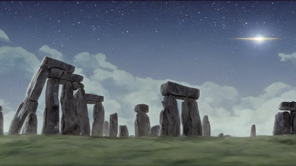 Image similar to a cell shaded cartoon movie still from princess mononoke ( 1 9 9 7 ) showing a chrome ufo over stonehenge. in the background is machu pichu on a misty and starry night. very dull muted colors, hd, 4 k, hq