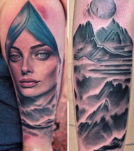 Image similar to creative double exposure effect tattoo design sketch of margot and beautiful mountains and nature, margot robbie and mountain scenery, realism tattoo, in the style of matteo pasqualin, amazing detail, sharp