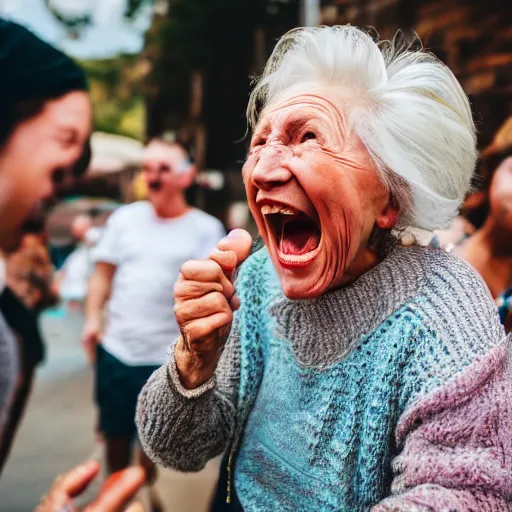 Prompt: elderly woman screaming at a party, canon eos r 3, f / 1. 4, iso 2 0 0, 1 / 1 6 0 s, 8 k, raw, unedited, symmetrical balance, wide angle