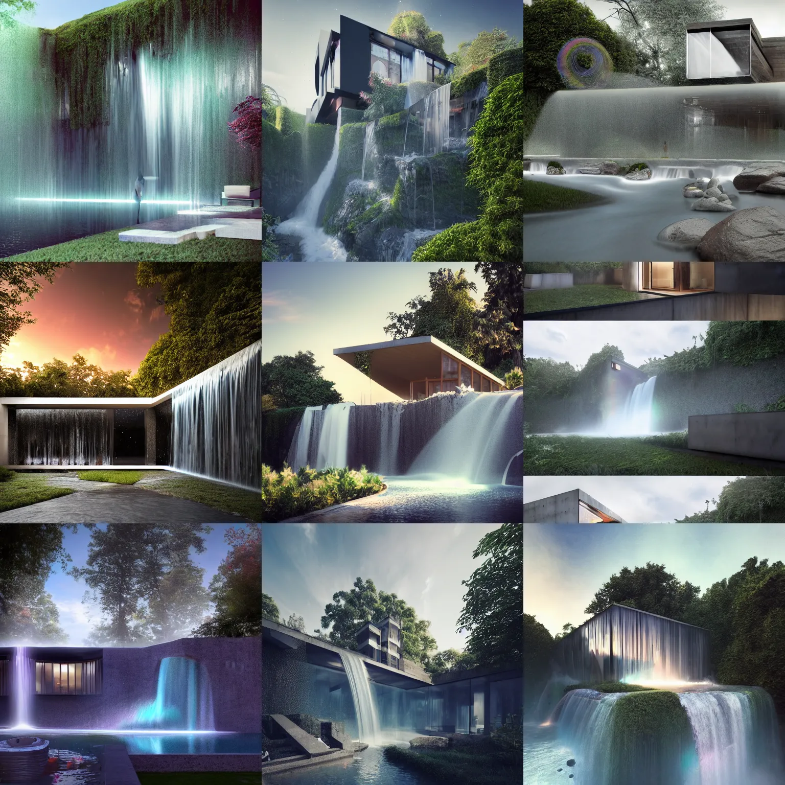 Prompt: beautiful designer house made of shattered glass and concrete overhanging a waterfall, architectural render, high quality, chillwave, by Gabriel Dawe, by Skottie Young, by Jessica Rossier, metallic architecture, blender 3D, by moebius, night, (mist), lights, mackintosh, trending on artstation