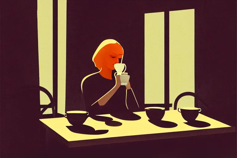 Prompt: editorial illustration by Karolis Strautniekas and Mads Berg, portrait of a woman drinking tea in a crowded cafe, colorful, fine texture,detailed, muted colors,film noir, dramatic lighting, dynamic composition, vivid, matte print, wide angle,((sunbeams)), moody, extreme perspective