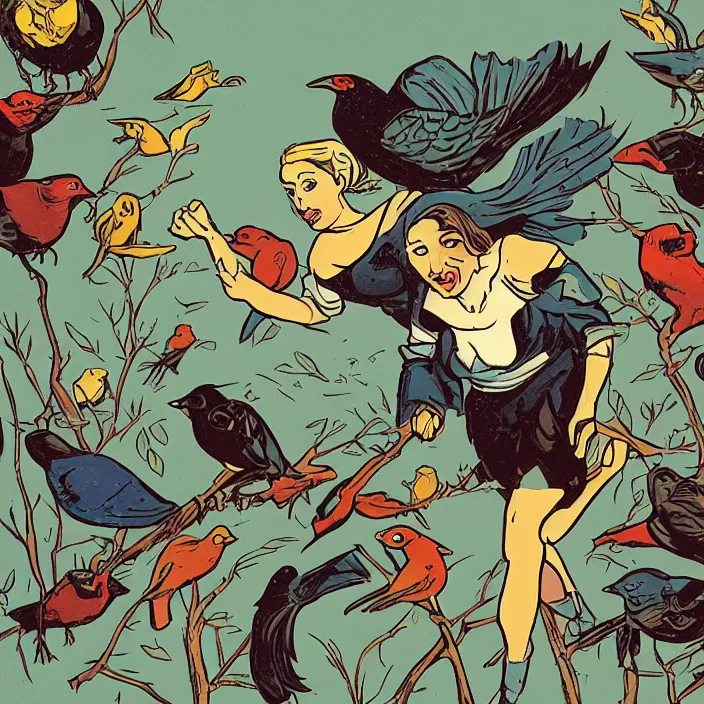 Prompt: a nerdy woman in a wheelchair, surrounded by birds, a full color illustration by mike mignola