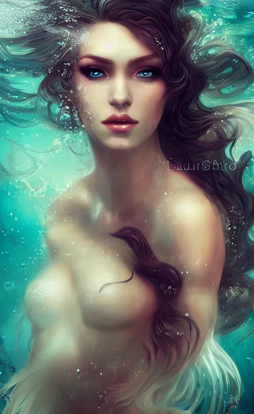 Image similar to a beautiful woman underwater mermaid, 8 k, sensual, hyperrealistic, hyperdetailed, beautiful face, long turquoise hair windy, dark fantasy, fantasy portrait by laura sava