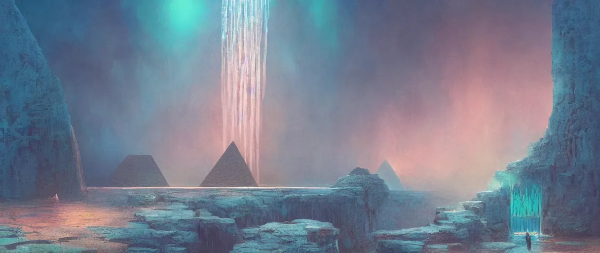 Prompt: closeup of iridescent magic gate made of water, pyramids in the desert, floating stones,cascading iridescent waterfalls, dimension of infinite space, by beksinski, greg rutkowski, wlop, artgerm, andrei riabovitchev, nuri iyem, james gurney, james jean, highly detailed, soft lighting, 8k resolution, oil on canvas