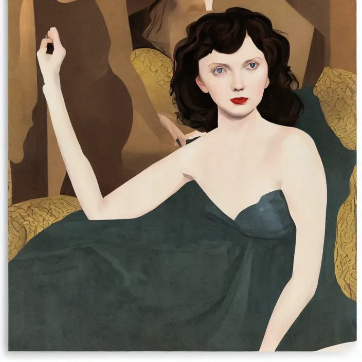 Prompt: a portrait of lily cole, dramatic, sensual, dark background, by mel ramos, by elizabeth peyton, by lizzie riches