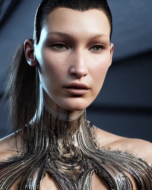 Image similar to a highly detailed metahuman 8 k close up render of bella hadid in iris van herpen with facial accessories made in unreal engine 4